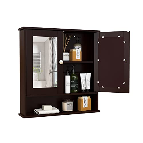 COSTWAY Bathroom Cabinet Wall Mounted - Over The Toilet Wall Storage Cabinet with 2 Mirror Doors and Adjustable Shelf, Hanging Medicine Cabinet for Bathroom, Living Room, Kitchen (Brown)