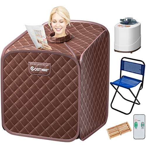 COSTWAY Portable Steam Sauna, 2L Folding Home Spa Sauna Tent for Weight Loss, Detox Relaxation at Home, Personal Sauna with 9 Temperature Levels, Timer, Remote Control, Foldable Chair (Coffee)