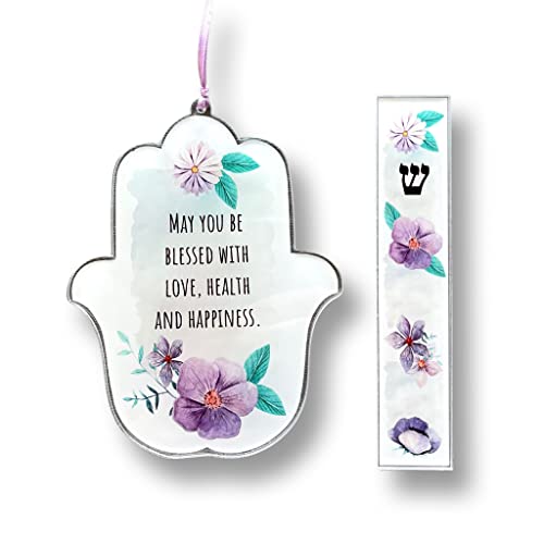 Hamsa and Mezuzah Gift Sets, Jewish Gift for Baby Naming, Bris, Birthday (Purple Flower Blessing, No Scroll)