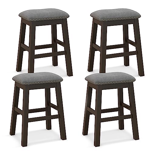 COSTWAY Saddle Stools Set of 4, 24.5-inch Counter Height Chairs with Nailhead Trim, Padded Seat, Rubber Wood Legs, Modern Backless Bar Stools for Kitchen Island Dining Room Pub and Bistro, Grey+Brown