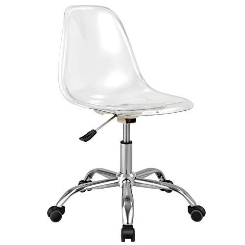 COSTWAY Acrylic Clear Desk Chair, Armless Swivel Vanity Ghost Plastic Chair with Sturdy Metal Base & Smooth Wheels, Height Adjustable Home Office Chair for Work, Study, Reception (1)