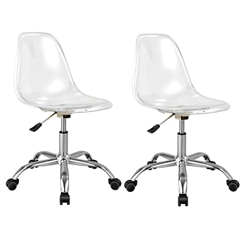 COSTWAY Acrylic Clear Desk Chair Set of 2, Armless Swivel Vanity Ghost Plastic Chair with Sturdy Metal Base & Smooth Wheels, Height Adjustable Home Office Chair for Work, Study, Reception