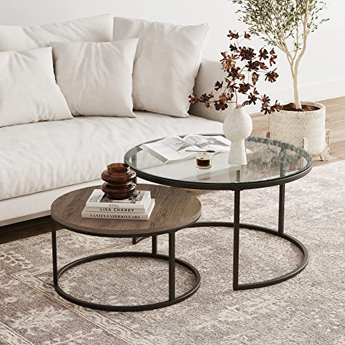 Nathan James Stella Round Modern Nesting Coffee Set of 2, Stacking Living Room Accent Tables, Rustic Oak/Gunmetal/Clear Glass