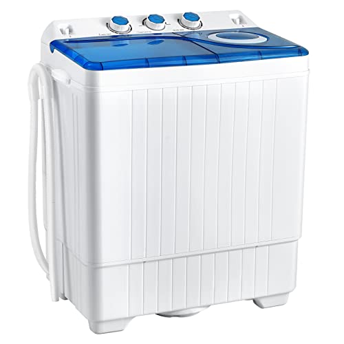 COSTWAY Portable Washing Machine, Twin Tub 26lbs Capacity Laundry Washer, 18lbs Washer and 8lbs Spinner Combo with Timer Knobs, Built-in Drain Pump, Compact Washer for Home Dorm Apartment, Blue+White