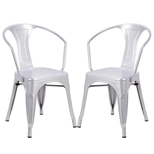 COSTWAY Tolix Style Dining Chairs Industrial Vintage Chic Metal Stackable High Back Indoor Outdoor Dining Bistro CafŽ Kitchen Arm Side Chairs Set of 2 (Silver)