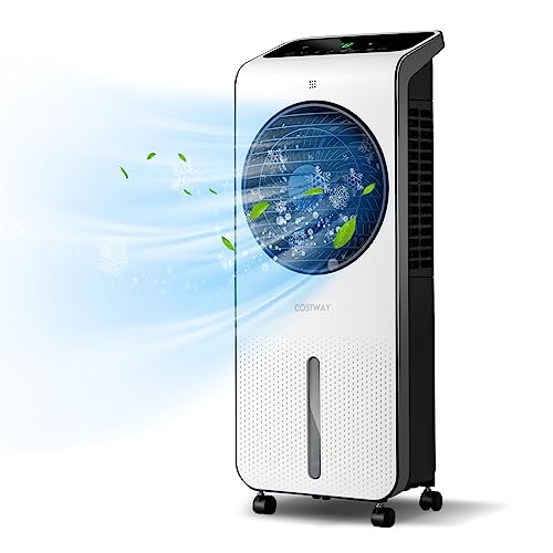 COSTWAY Evaporative Air Cooler, 3-in-1 Portable Swamp Cooler w/Fan & Humidifier, Air Cooling Fan w/ 360¡ Rotating Fan Blade, 3 Modes, 24 Speeds, 12H Timer, 2 Ice Packs, LED Display, Remote Control