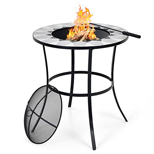 COSTWAY 23.5" Fire Pit Table, Outdoor Fire Pit with Mesh Cover & Fire Poker, Round Wood Burning Fire Table with Unique Tile Tabletop, Suitable for Patio Backyard Garden Camping