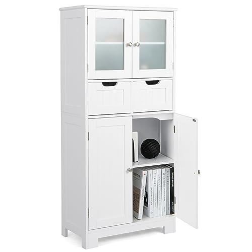 COSTWAY Tall Bathroom Storage Cabinet, Freestanding Storage Organizer with Glass Doors, 2 Drawers & 2 Adjustable Shelves, Wooden Linen Floor Cabinet for Bathroom, Living Room, Kitchen (White)