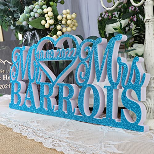 HZGUEOSTB Mr and Mrs Sign for Wedding Table Decorations,Personalized Wedding Signs for Ceremony and Reception,Customized Wedding Date And Last Name,Anniversary Party Valentine's Day Decor (Blue)