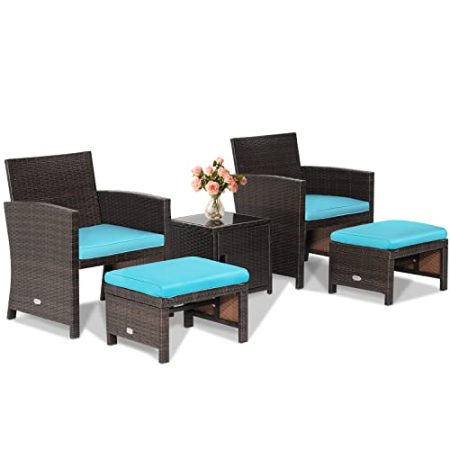 COSTWAY 5PCS Patio Rattan Furniture Set Chair Ottoman Cushion Space Saving W/Cover Turquoise