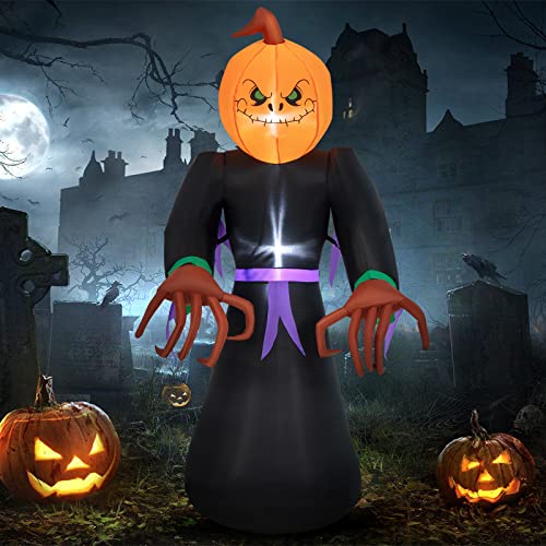 COSTWAY 6.5 FT Inflatable Halloween Warlock with Pumpkin Head Blow-up Pumpkin Reaper