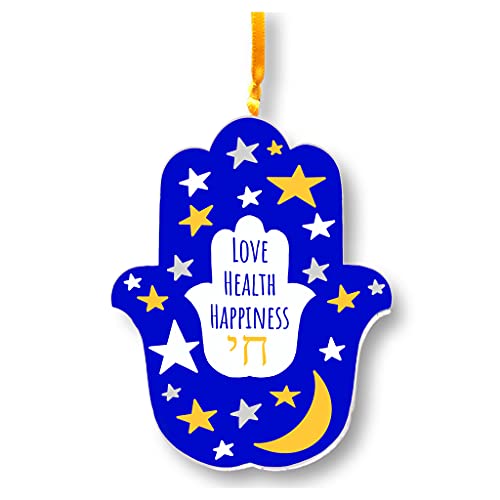 Hamsa Wall Hanging, Jewish Gift for Baby Naming, Bris, Birthday, Hanukkah (Moon and Stars)