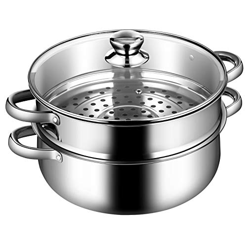 COSTWAY 2-Tier Stainless Steel Steamer, 11-Inch Multi-Layer Boiler Pot with Handles on Both Sides, Cookware Pot with Tempered Glass Lid, Work with Gas, Electric, Grill Stove Top, Dishwasher Safe