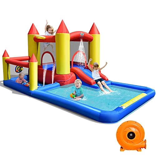 COSTWAY Inflatable Water Slide Castle Kids Bounce House Indoor & Outdoor w/ 480W Blower
