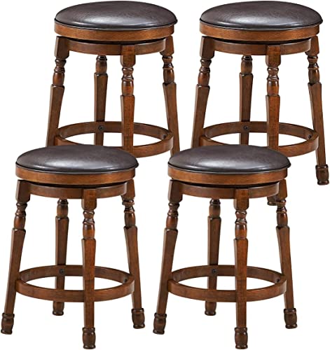 COSTWAY Retro Bar Stools Set of 4, 24-Inch Counter Height Round Bar Stool with 360¡ Swivel Cushioned Seat & Sturdy Natural Rubber Wood, Soft PU Leather Barstool for Home Pub Cafe, Easy Assembly