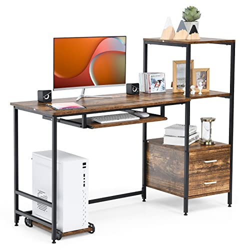 COSTWAY 55.5 Inch Computer Desk, Home Office Desk with Shelves, 2 Drawers, Keyboard Tray & Movable CPU Stand, Study Desk, Writing Workstation, Laptop Table for Small Space, Rustic Brown