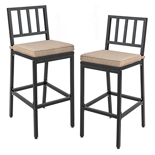 COSTWAY 2 PCS Patio Bar Chairs, Heavy-Duty Metal Frame Bar Stools Set of 2, Indoor Outdoor All-Weather Resistant Barstools with Detachable Cushion & Footrest, for Patio, Garden, Poolside