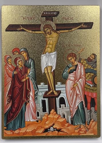 Orthodox Christian Icon of The Crucifixion of Christ (6" x 8" Textured Gold Foil Semi-Gloss)