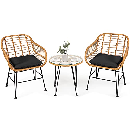 COSTWAY 3PCS Patio Rattan Bistro Furniture Set Cushioned Chair Table Black