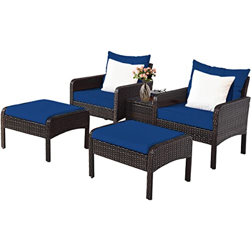 COSTWAY 5 PCS Patio Rattan Wicker Furniture Set Sofa Ottoman Coffee Table Cushioned Navy