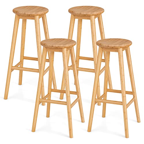 COSTWAY Bamboo Bar Stools Set of 4, 31-Inch Height Round Seat Breakfast Dining Chairs with Footrest, 330Lbs Sturdy Backless Counter Height Chairs for Kitchen Living Room Pub, Easy Assembly, Natural