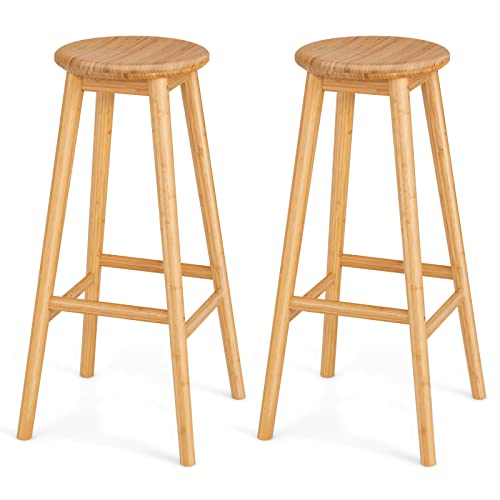 COSTWAY Bamboo Bar Stools Set of 2, 31-Inch Height Round Seat Breakfast Dining Chairs with Footrest, 330Lbs Sturdy Backless Counter Height Chairs for Kitchen Living Room Pub, Easy Assembly, Natural