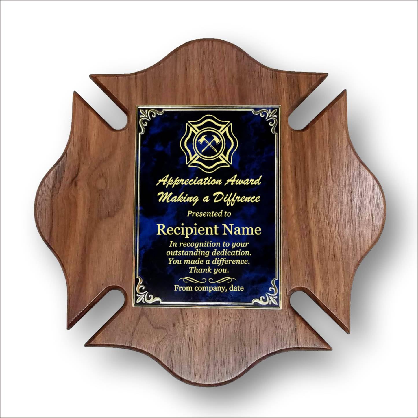 Personalized Maltese Cross Shaped Walnut Award Plaque for Fire and Police Department Recognition