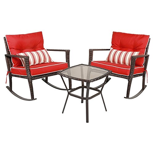 Costway 3 PCS Patio Rattan Wicker Furniture Set Rocking Chair Coffee Table W/Cushions