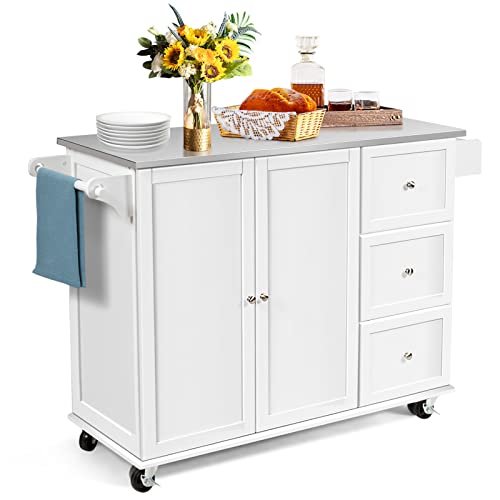 COSTWAY Kitchen Island cart on Wheels, Mobile Serving Cart w/Stainless Steel Countertop, 3 Drawers, 2-Door Cabinet, Adjustable Shelves, Towel Holder & Spice Rack, Utility Trolley on Wheels, White