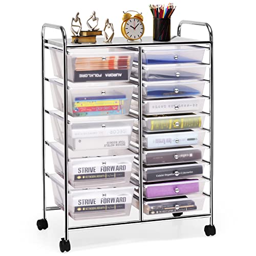 COSTWAY 15 Drawer Rolling Storage Cart, Multipurpose Mobile Storage Organizer w/Removable Drawers & Metal Frame, Utility Tools Paper Organizer on Wheels for Home, Office (Transparent)