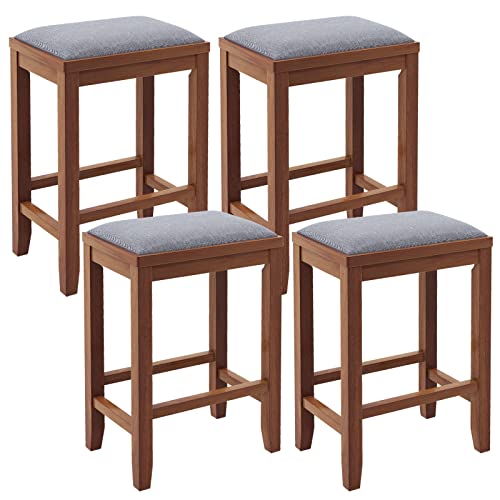 COSTWAY Upholstered Saddle Stools Set of 4, 25-inch Height Vintage Counter Height Chairs with Solid Wood Legs, Modern Backless Design Indoor Bar Stools for Kitchen, Dining, Pub and Bistro, Walnut