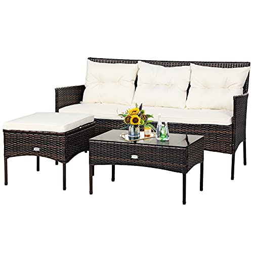 COSTWAY 3PCS Patio Rattan Furniture Set 3-Seat Sofa Cushioned Table Garden