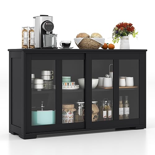 COSTWAY Buffet Sideboard with Storage, 2-Door Floor Cupboard with Sliding Tempered Glass Cabinet & Adjustable Shelf, Stackable Storage Cabinet for Kitchen, Entryway (Black)