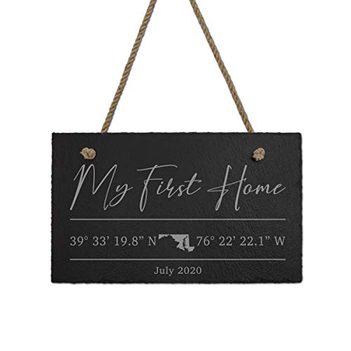 My First Home with Custom Latitude Longitude Coordinates and State Map Engraved on Slate Stone for Realtor Closing Gift, Housewarming New Home Present