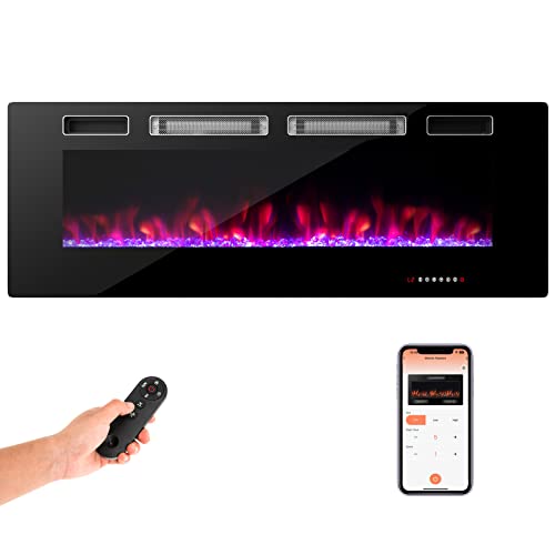 COSTWAY 50-Inch Wide Electric Fireplace, 3.19-Inch Deep Ultra-Thin Wall-Mounted and Recessed Fireplace Heater, Decorative Crystal Included, 12 Flame Color, Remote Control and Smart APP Control, 1500W