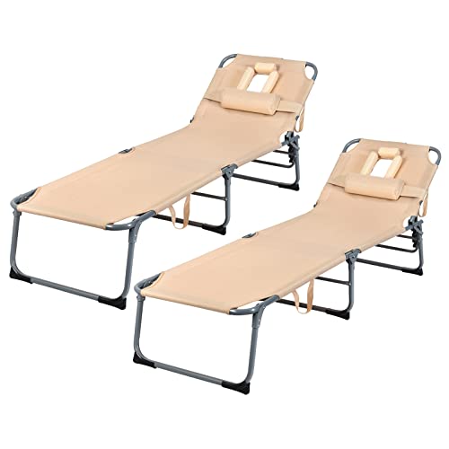 COSTWAY 2 PCS Folding Chaise Lounge Chair Bed Adjustable Beach Patio Camping Recliner Beige