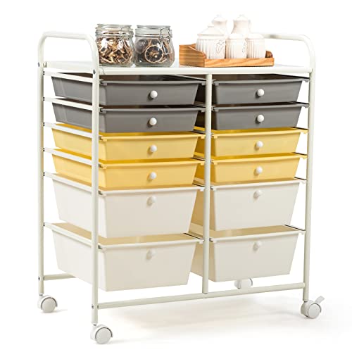 COSTWAY 12-Drawer Rolling Storage Cart, Moveable Art Craft Organizer W/Lockable Wheels, Metal Shelf, Files Arrangement Tools Makeup Storage Cart for Office, Home, School (Yellow)