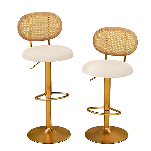 COSTWAY Bar Stools Set of 2, 360¡ Swivel Adjustable Height Barstools with PE Rattan Backrest, Metal Footrest, Upholstered Velvet Seat, 2-Pack Bar Chairs for Kitchen Island Bistro Pub Dining Room, Gold