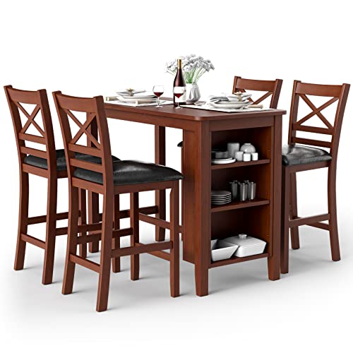 COSTWAY 5 Pieces Dining Table Set, Counter Height Pub Bar Table w/ 4 Upholstered Chairs and Storage Shelves, Bistro Table Set for Kitchen, Dining Room, Antique Walnut & Black (1 Table& 4 Chairs)