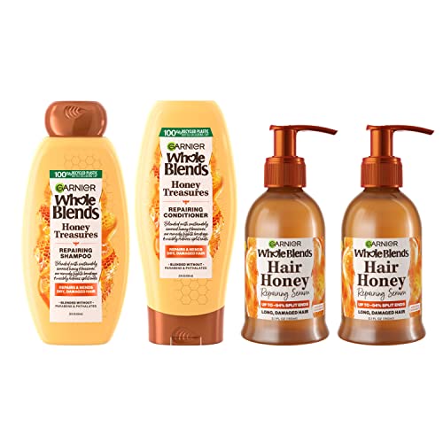 Garnier Whole Blends Honey Treasures Repairing Shampoo (22 Fl Oz), Conditioner (22 Fl Oz) + Hair Honey Serum (2 Count) (5.1 Fl Oz) for Dry, Damaged Hair, (4 Items), Bundle (Packaging May Vary)
