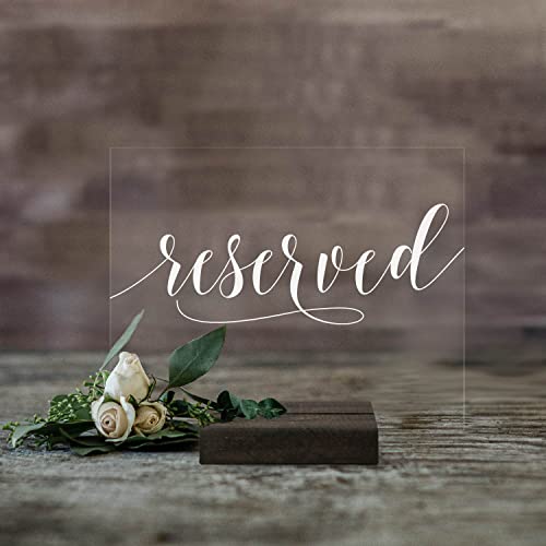 Reserved Signs for Wedding Acrylic - Hand-painted Clear Glass Look Reserved Signs for Wedding Tables with White Cursive Letters on 5x7 Clear Acrylic with Acrylic or Wood Stands (Dark Walnut Stand)