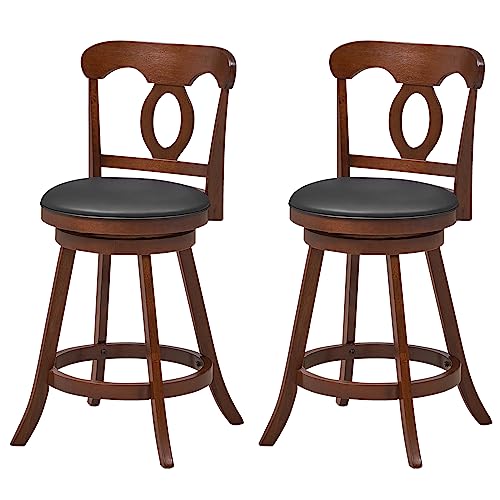 COSTWAY Bar Stools Set of 2, 24 Inch Swivel Counter Height Chairs with Ergonomic Back & Footrest, Vintage Wooden Barstool Set for Kitchen Island, Pub, Bistro, CafŽ, Espresso (2, 24 Inch)