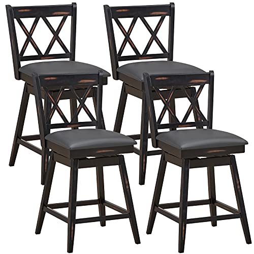 COSTWAY Bar Stool Set of 4, 360 ¡Swivel Counter Height 25inch Bar Stool with Foot Rest Upholstered Cushion & Ergonomic Backrest, Sturdy Frame, for Pub, Restaurant, Home (4, Black + Grey)