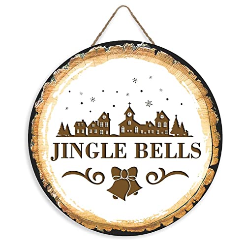 Seasonal Welcome Sign Front Door Decoration, Jingle Bells Wooden Sign Rustic Round Wood Wall Hanging Outdoor Sign, Farmhouse, Porch Holiday Christmas Decor Sign 12 Inch