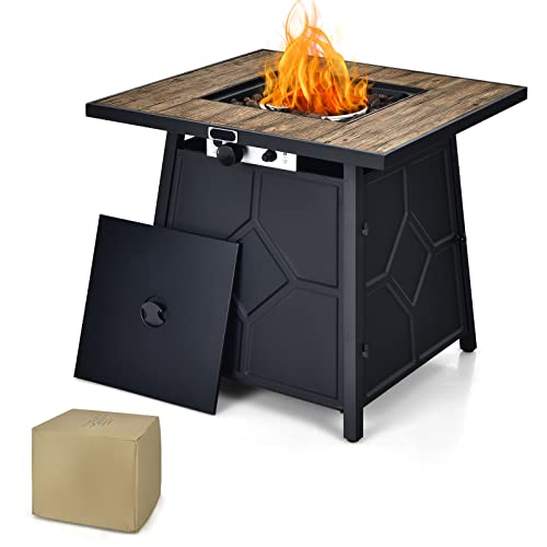 COSTWAY 2 in 1 Outdoor Propane Fire Pit Table, 28" Patio Gas Fire Table W/Lid & Volcanic Rocks, 40,000 BTU Square Firepit, Waterproof Cover, Ideal for Backyard, Poolside, Deck