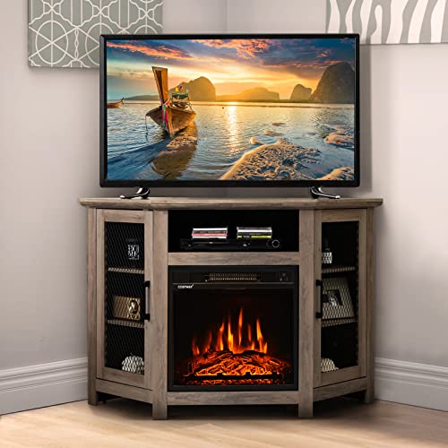 COSTWAY Fireplace Corner TV Stand for TVs Up to 50 Inches, Modern Electric Fireplace Entertainment Center with Remote Control, 3 Brightness, Overheat Protection (Gray)