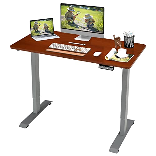 COSTWAY Electric Height Adjustable Desk, Sit Stand Home Office Desk with 4 Memory Positions & LED Display, 48Ó Standing Computer Workstation with Anti-Collision Design (Teak)