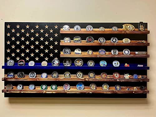 Thin Blue Line American Flag Challenge Coin Holder Display for Police, Law Enforcement, and First Responders, Handmade Wooden Storage Shelves, Custom Handmade High Quality