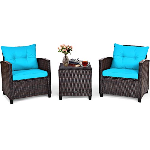 COSTWAY 3PCS Patio Rattan Furniture Set Cushioned Conversation Set Sofa Turquoise