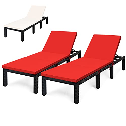 COSTWAY 2PCS Patio Rattan Lounge Chair Chaise Recliner Adjust w/Red & Off White Cover